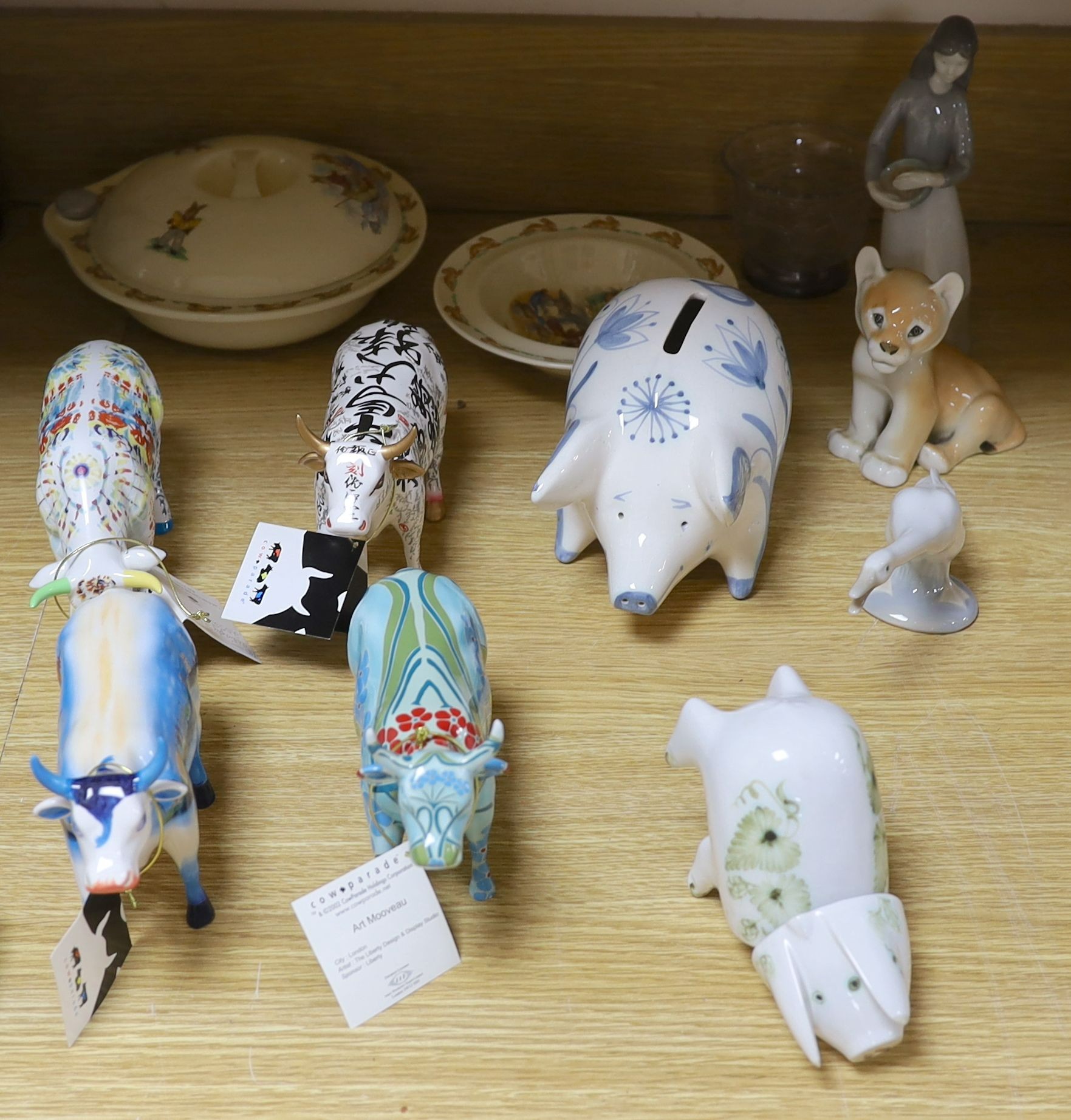 A Rye pottery pig money box and sundry china including Lladro and Bunnykins